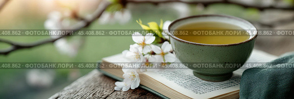 Спокойное весеннее чтение и время чаепития среди цветущих растений. Стоковое AI-изображение, AI-художник ФотоИнтеллект / Фотобанк Лори