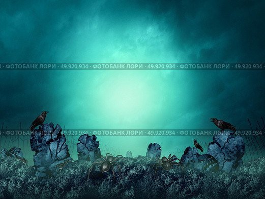 Spooky cemetery and dark gloomy graveyard as a creepy haunted burial grave background at night with 3D render elements. Стоковое фото, агентство Ingram Publishing / Фотобанк Лори