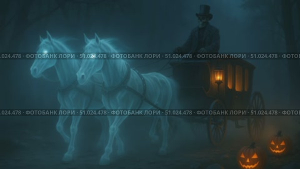 Spooky ghostly carriage pulled by two glowing spectral horses in a dark forest. Стоковое AI-видео, аниматор Екатерина Усенко / Фотобанк Лори