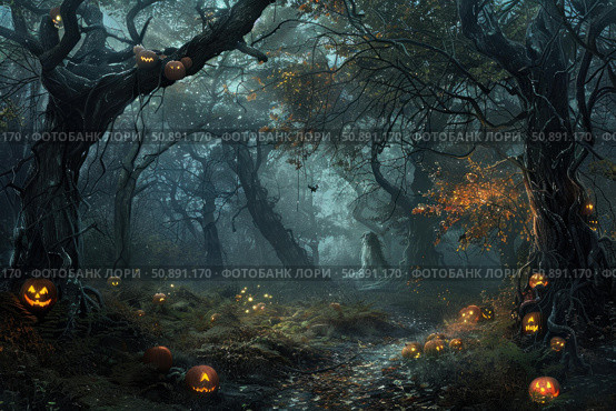 Spooky halloween forest with pumpkins and monster lurking in the fog. Стоковое AI-изображение, AI-художник Иван Рябоконь / Фотобанк Лори