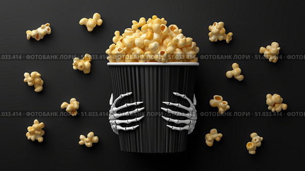 Spooky popcorn in a skeleton-themed cup for Halloween celebrations. Стоковое AI-изображение, AI-художник Katsiaryna Repich / Фотобанк Лори