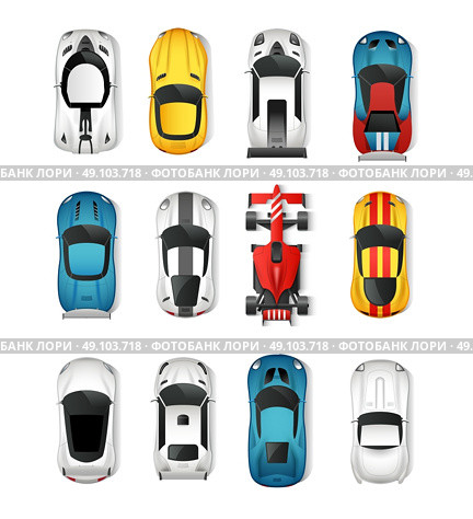 Sport Cars Top View Set . Sport Cars Top View Icons Set. Racing Cars Isolated Vector Illustration. Rally Cars Design Set. Sport Cars Cartoon Decorative Set. Стоковая иллюстрация, агентство Ingram Publishing / Фотобанк Лори