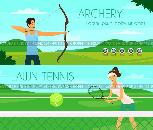 Sport People Flat Banners. Sport people colorful horizontal banners with young girl playing tennis and archer shooting at targets flat vector illustration . Стоковая иллюстрация, агентство Ingram Publishing / Фотобанк Лори