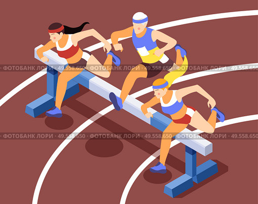 Sport track race competition isometric background compositions with sprinting athletes running hurdles jumping over obstacles vector illustration. Стоковая иллюстрация, агентство Ingram Publishing / Фотобанк Лори