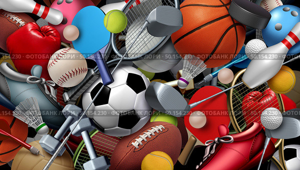 Sports equipment with a football basketball baseball soccer tennis and golf ball including ping pong tennis hockey puck as healthy recreation and leisure fun activities for team and individual playing for health with 3D illustration elements. Стоковое фото, агентство Ingram Publishing / Фотобанк Лори