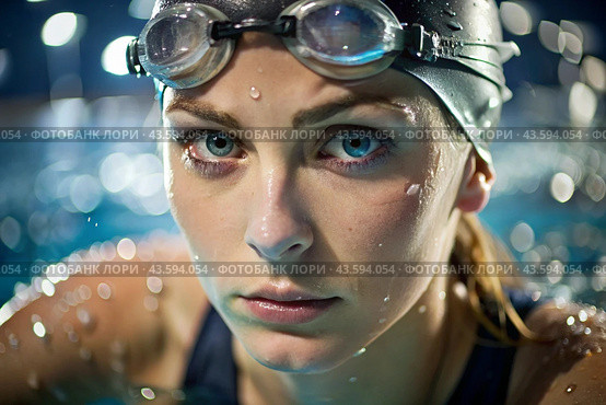 Sports swimming. Women's swim. An athlete wearing swimming glasses in a swimming pool at a close-up competition. The woman looks directly into the camera. Стоковое AI-изображение, AI-художник Photojuli / Фотобанк Лори