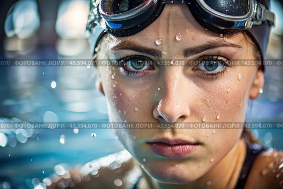 Sports swimming. Women's swim. An athlete wearing swimming glasses in a swimming pool at a close-up competition. The woman looks directly into the camera. Стоковое AI-изображение, AI-художник Photojuli / Фотобанк Лори
