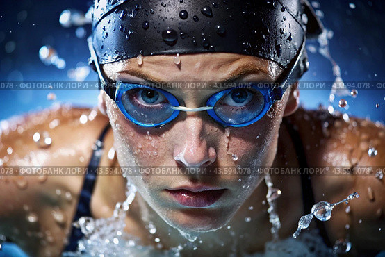 Sports swimming. Women's swim. An athlete wearing swimming glasses in a swimming pool at a close-up competition. The woman looks directly into the camera. Стоковое AI-изображение, AI-художник Photojuli / Фотобанк Лори