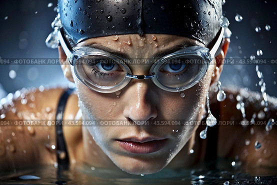 Sports swimming. Women's swim. An athlete wearing swimming glasses in a swimming pool at a close-up competition. The woman looks directly into the camera. Стоковое AI-изображение, AI-художник Photojuli / Фотобанк Лори