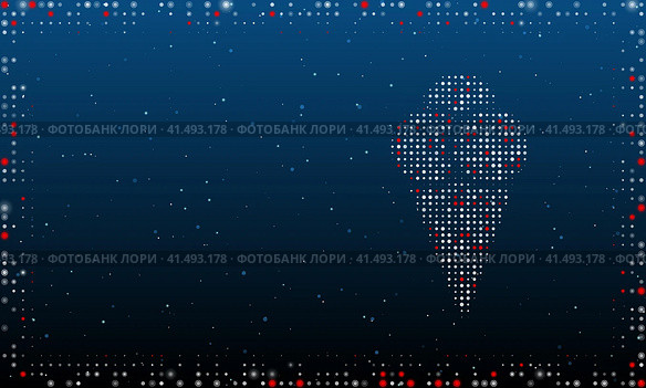 Справа - символ шариков мороженого, заполненных белыми точками. Стиль пуантилизма. Абстрактная футуристическая рамка из точек и кругов. Некоторые точки красные. Иллюстрация на синем фоне со звездами. Стоковая иллюстрация, иллюстратор Карпенко Алексей / Фотобанк Лори