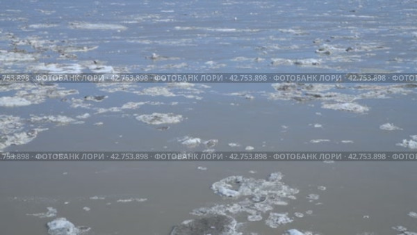 Spring drifting of ice on the river. Floating gray ice floes. Russia. Altai Territory. Ob River. 4K video. Стоковое видео, видеограф Дмитрий Кобзев / Фотобанк Лори