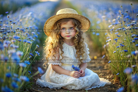 Spring flowering. Portrait of a beautiful curly-haired girl in a straw hat and a white dress in a blooming garden of blue flowers. Childhood. The girl poses and looks at the camera. Стоковое AI-изображение, AI-художник Photojuli / Фотобанк Лори