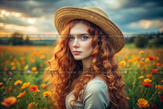 Spring flowering. Portrait of a beautiful curly-haired girl in a straw hat in a blooming field. The girl poses and looks at the camera. Стоковое AI-изображение, AI-художник Photojuli / Фотобанк Лори