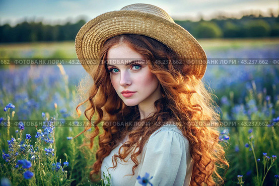 Spring flowering. Portrait of a beautiful curly-haired girl in a straw hat in a blooming field. The girl poses and looks at the camera. Стоковое AI-изображение, AI-художник Photojuli / Фотобанк Лори