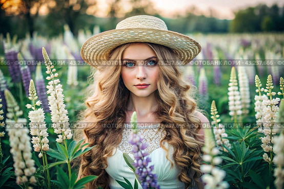 Spring flowering. Portrait of a beautiful curly-haired girl in a straw hat in a blooming field of lupines. The girl poses and looks at the camera. Стоковое AI-изображение, AI-художник Photojuli / Фотобанк Лори