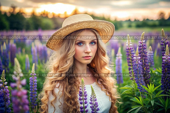 Spring flowering. Portrait of a beautiful curly-haired girl in a straw hat in a blooming field of lupines. The girl poses and looks at the camera. Стоковое AI-изображение, AI-художник Photojuli / Фотобанк Лори