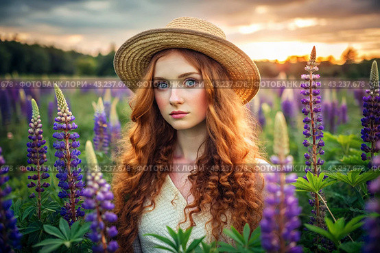 Spring flowering. Portrait of a beautiful curly-haired girl in a straw hat in a blooming field of lupines. The girl poses and looks at the camera. Стоковое AI-изображение, AI-художник Photojuli / Фотобанк Лори