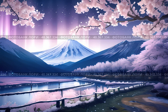 Spring sakura blossoms against the backdrop of Mount Fuji, landscape. Стоковое AI-изображение, AI-художник Сергей Елизарьев / Фотобанк Лори