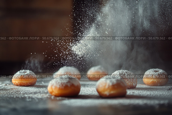 Sprinkling sugar powder on delicious donut. Homemade donuts lush and sweet dusted with powdered sugar on a wooden surface. Copy space image. Place for adding text and design. Baked pastry doughnuts. Стоковое AI-изображение, AI-художник Марина Демидюк / Фотобанк Лори