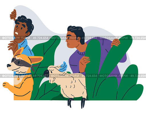 Spying, observing and sneaking. Vector illustration. Making observation, craft of collecting hidden details Characters peeping, intrigued spectators operating from sidelines Looking out, quiet act. Spying, observing and sneaking. Peeking person, hidden watcher treading on line of visibility Spy, master of disguise. Стоковая иллюстрация, агентство Ingram Publishing / Фотобанк Лори
