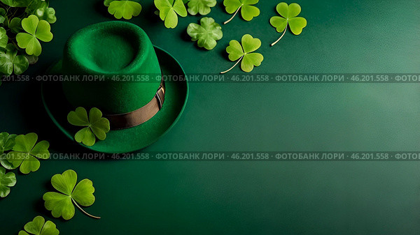 St. Patrick's Day, March 17th. Green background with clover leaves and a leprechaun hat. A copy of a flat space. Стоковое AI-изображение, AI-художник Photojuli / Фотобанк Лори