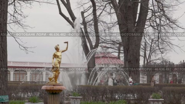St. Petersburg Russia - May, 09, 2013: Architectural masterpieces of Peterhof: fountains and golden Statues. Guided tour of the Palace and Park ensemble. Редакционное видео, видеограф Андрей Жигальцов / Фотобанк Лори