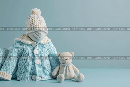 Stack of baby knitted clothes and teddy bear toy on table. Set of newborn child rompers, hat and jumper. Fashion infant accessories isolated pastel blue background, empty space. Kid's toys and clothes. Стоковое AI-изображение, AI-художник Марина Демидюк / Фотобанк Лори