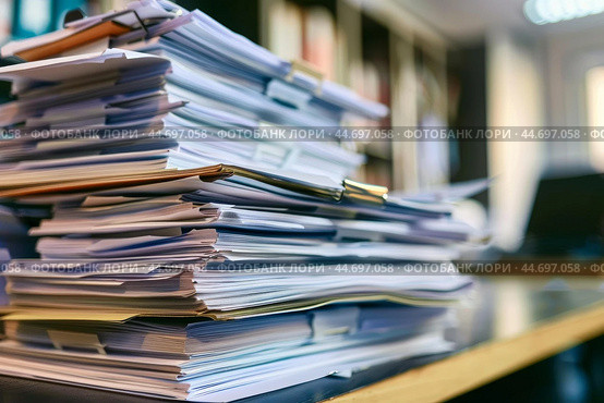 Stack of documents piling up on a busy office desk. Стоковое AI-изображение, AI-художник Иван Рябоконь / Фотобанк Лори