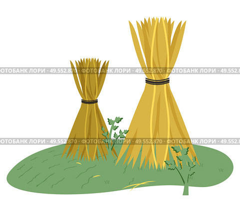 Stack of hay on grass, dried yellow plant standing outdoor, wheat harvest, nobody farmland, agriculture or farm element, haystack on grass vector. Haystack on Grass, Wheat Harvest, Farmland Vector. Стоковая иллюстрация, агентство Ingram Publishing / Фотобанк Лори