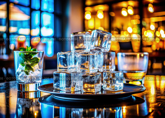 Stack of Ice Cubes on a Plate in a Bar Setting. Generative AI. Стоковое AI-изображение, AI-художник Roman Zavorotny / Фотобанк Лори