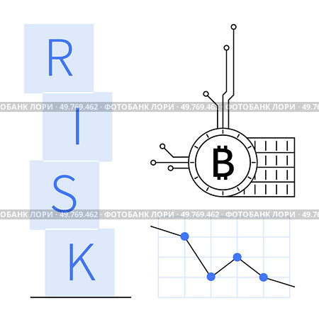 Stacked blocks spelling RISK next to Bitcoin symbol with digital circuits and a downward market graph with blue points. Ideal for financial risk, cryptocurrency, investments, blockchain, digital. Cryptocurrency Risk with Bitcoin Symbol and Market Graph. Стоковая иллюстрация, агентство Ingram Publishing / Фотобанк Лори