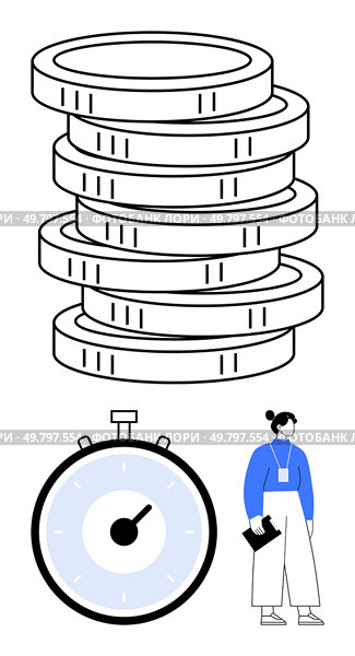 Stacked coins stopwatch and person with document. Ideal for finance, business, time management, savings, investment, productivity, and deadlines. Line metaphor. Stacked Coins, Stopwatch, and Person Holding Document Representing Financial Planning and Time Management. Стоковая иллюстрация, агентство Ingram Publishing / Фотобанк Лори