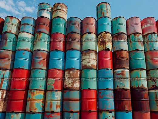 Stacked Colorful Industrial Barrels. Стоковое AI-изображение, AI-художник Кирилл Черезов / Фотобанк Лори