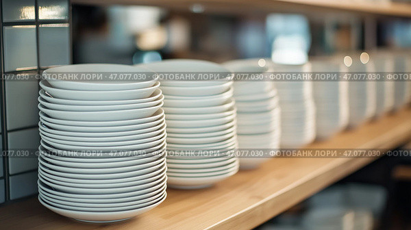 Stacked white bowls neatly arranged on wooden shelf in a modern kitchen setting. Стопка белых тарелок, аккуратно расставленных на деревянной полке в современной кухне. Стоковое AI-изображение, AI-художник Katsiaryna Repich / Фотобанк Лори