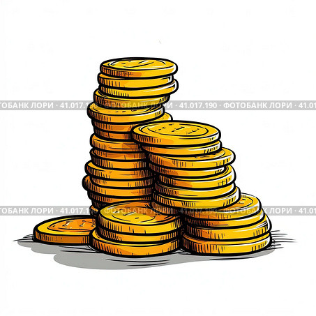 Stacks of coins are yellow on a white background. Created by AI. Стоковое фото, фотограф Ярославский Максим / Фотобанк Лори