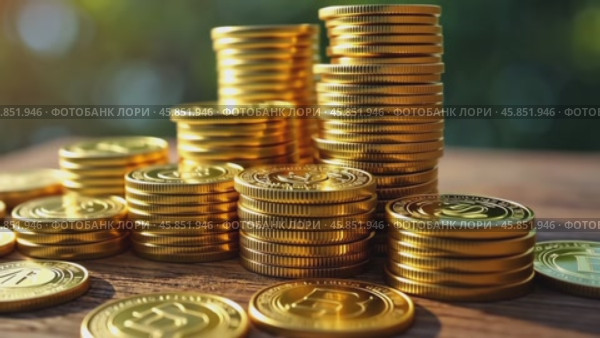 Stacks of Golden Coins Shining in Sunlight Create an Inviting Scene Showcasing Wealth and Prosperity in a Natural Setting. Стоковое AI-видео, аниматор Sergey Grishin / Фотобанк Лори