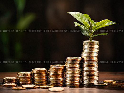 Stacks of yellow coins on the table on a dark background with a young green sprout. Стоковое AI-изображение, AI-художник Ярославский Максим / Фотобанк Лори