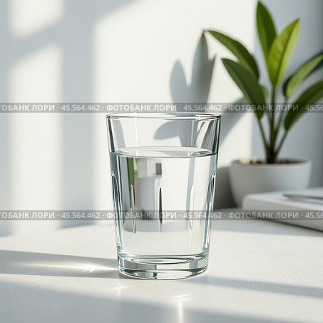 Стакан с чистой питьевой водой на столе . Glass with clean drinking water on the table. Стоковое AI-изображение, AI-художник Гер Олег / Фотобанк Лори