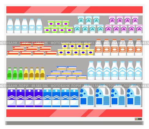 Stand with dairy products in supermarket. Grocery store with big cooler and fresh goods on it. Organic, natural food like milk and sour cream, yogurt and kefir. Vector illustration in flat style. Dairy Products, Cooler Fridge at Supermarket, Sale. Стоковая иллюстрация, агентство Ingram Publishing / Фотобанк Лори