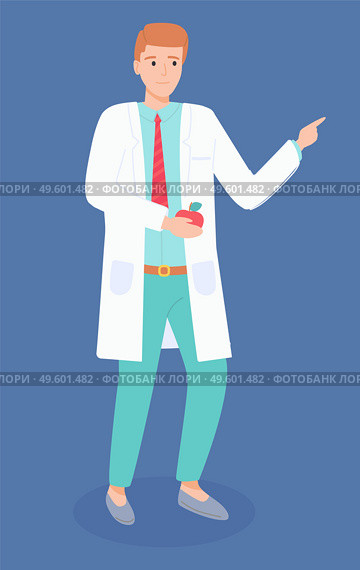 Standing and pointing medical specialist, male doctor, male gastroenterologist with apple. Medicine worker. Medical clothes, uniforms and equipment. Vector flat illustration isolated on white. Illustration of standing gastroenterologist or nutritionist with apple in his arm. Medical uniform. Стоковая иллюстрация, агентство Ingram Publishing / Фотобанк Лори