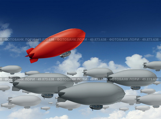 Standing out from the crowd with a group of grey blimps going in a straight direction and a leading red blimp going up as a special visionary individual with a success strategy on a sky. Стоковое фото, агентство Ingram Publishing / Фотобанк Лори
