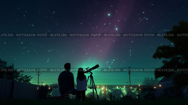 Stargazing activity with telescope in backyard during nighttime surrounded by beautiful constellations. Стоковое AI-изображение, AI-художник Сергей Толмачёв / Фотобанк Лори