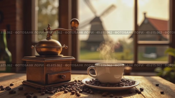 Старинная кофемолка и чашка кофе на фоне мельницы. Стоковое AI-видео, аниматор Виктория Кольцова / Фотобанк Лори