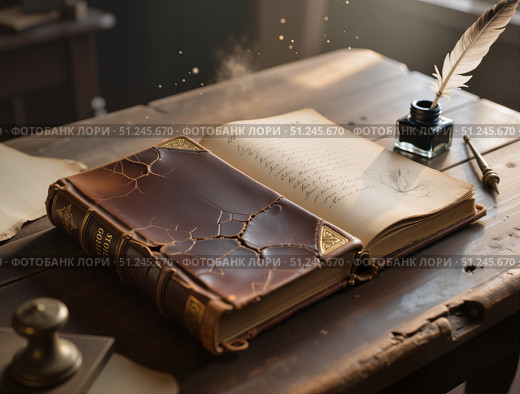 Старинные книги с пером и чернилами на деревянном столе / Antique books with pen and ink on a wooden table. Стоковое AI-изображение, AI-художник Валерий Лукин / Фотобанк Лори