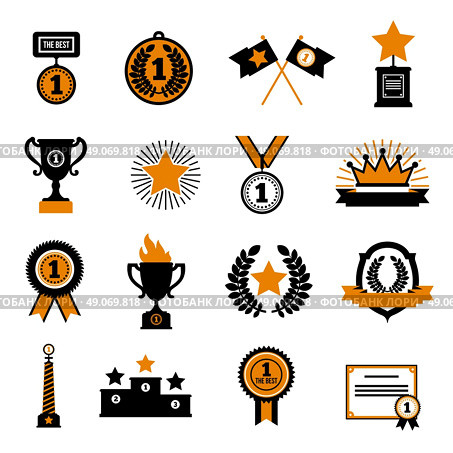 Stars And Awards Decorative Icons Set. Stars and awards flat decorative icons set with cup crown medals and sport  rewards in black and gold colors isolated vector illustration. Стоковая иллюстрация, агентство Ingram Publishing / Фотобанк Лори