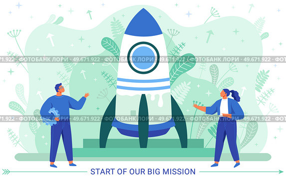 Start of our big mission, spaceship and workers characters, rocket symbol on board, innovation vector concept. Goal achievement team of businessmen confer at meeting about startup new business project. Start of our big mission, spaceship and workers characters, rocket symbol on board, innovation. Стоковая иллюстрация, агентство Ingram Publishing / Фотобанк Лори