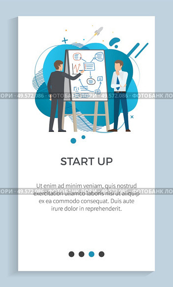 Startup vector, businessmen with ideas and solution man with partner showing info on board infocharts and planning of steps, people wearing suits. Website or app slider, landing page flat style. Startup People with Presentation on Whiteboard. Стоковая иллюстрация, агентство Ingram Publishing / Фотобанк Лори