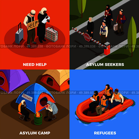 Stateless refugees asylum icons isometric 2x2 design concept with human characters of displaced persons and text vector illustration. Isometric Refugees Design Concept. Стоковая иллюстрация, агентство Ingram Publishing / Фотобанк Лори