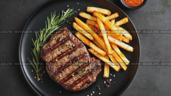 Steak and fries. Hot grilled steak with french fries on black plate on a dark slate stone background. Top view, flat lay. Steak and chips. Juicy roasted beefsteak tenderloin with crispy potatoes dish. Стоковое AI-видео, аниматор Марина Демидюк / Фотобанк Лори