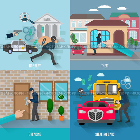 Stealing Icons Set .  Stealing icons set with breaking robbery and stealing cars flat isolated vector illustration . Стоковое фото, агентство Ingram Publishing / Фотобанк Лори